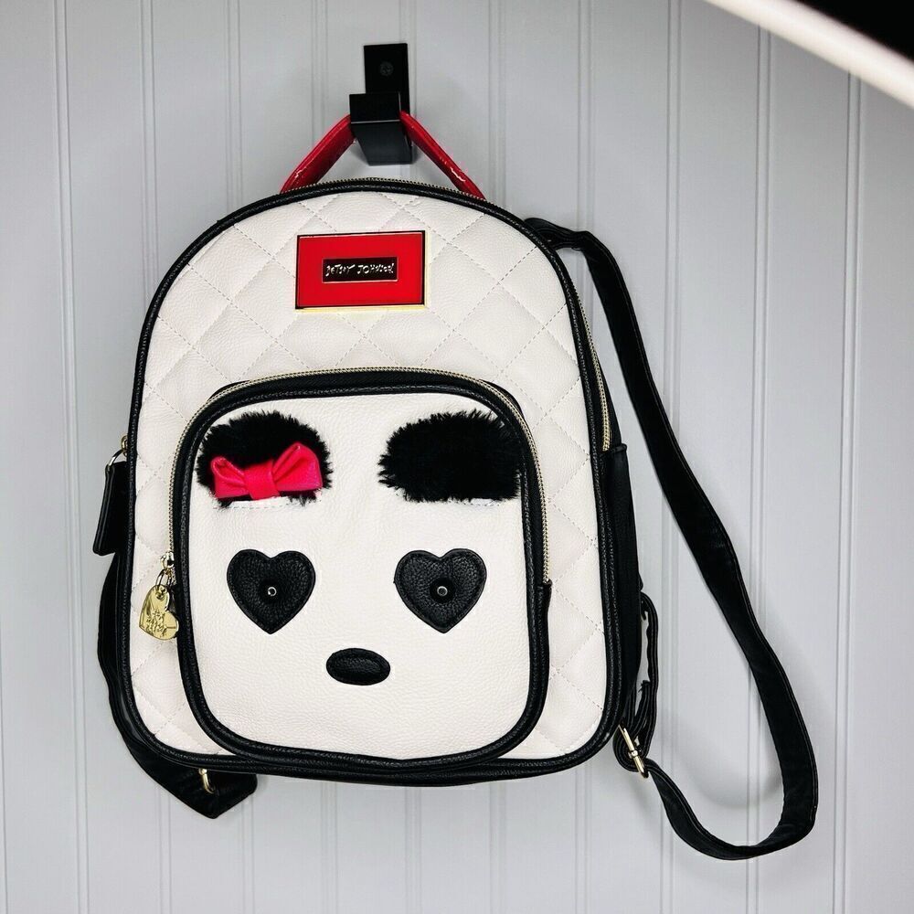 Betsey Johnson Backpack Medium with Panda Face Furry Brows White Black Pink